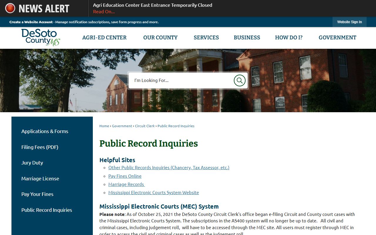 DeSoto County arrest records on the public jail docket