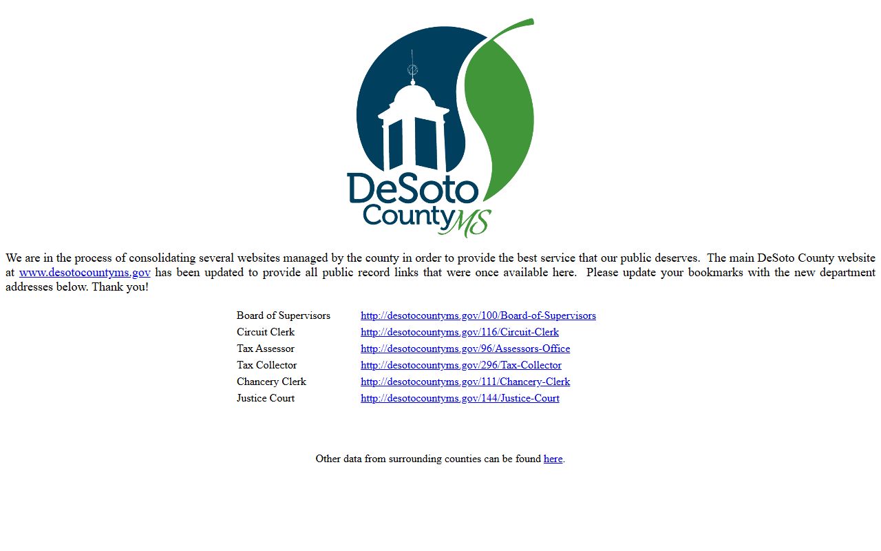 DeSoto County Justice Court page for small claims, traffic, and misdemeanor court dockets