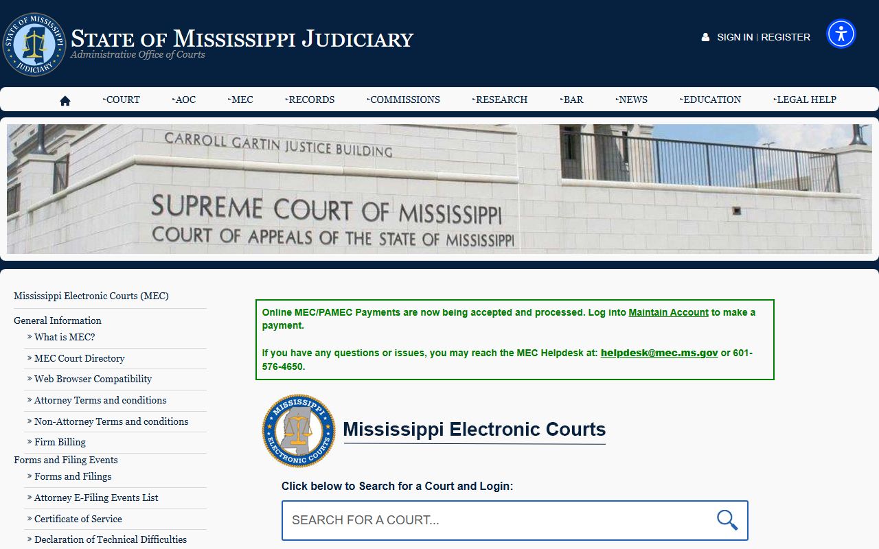 DeSoto County court records search through the Mississippi Electronic Courts public access page