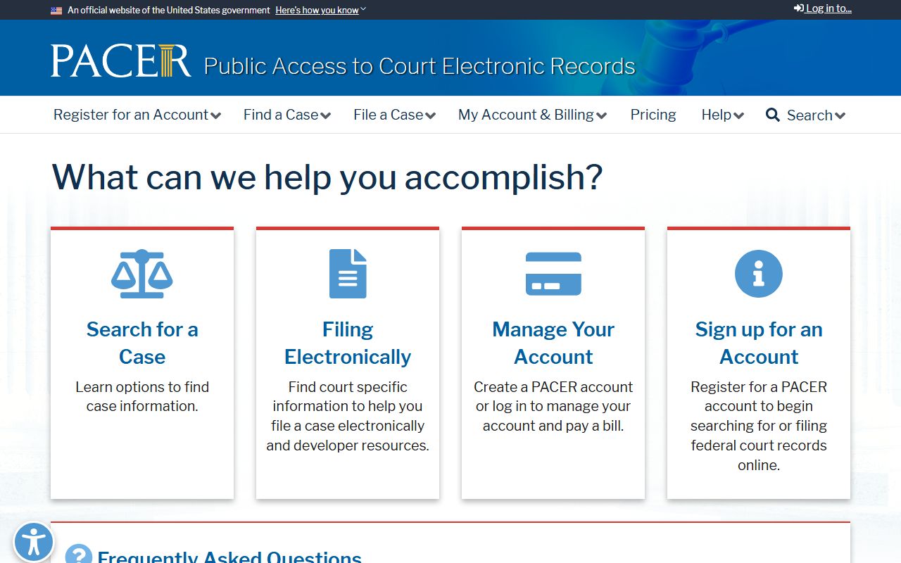 PACER federal court records portal, a federal access tool separate from DeSoto County Circuit Court records