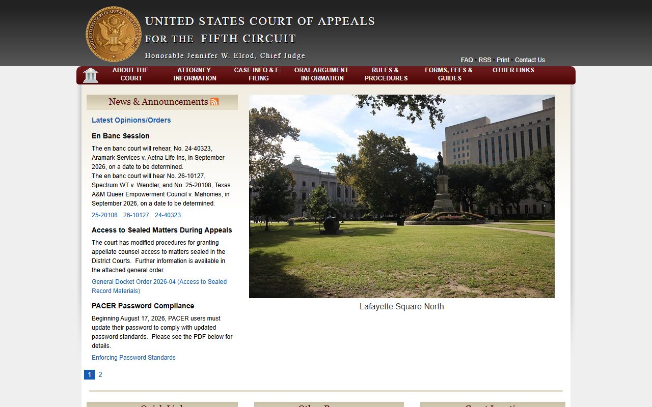 U.S. Fifth Circuit Court of Appeals page, the federal appeals court that is separate from DeSoto County Circuit Court records