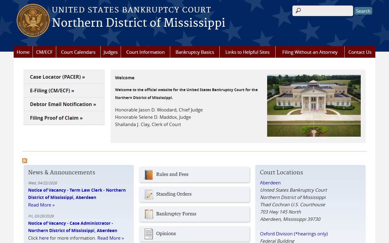 U.S. Bankruptcy Court for the Northern District of Mississippi page, a federal court separate from DeSoto County Circuit Court records