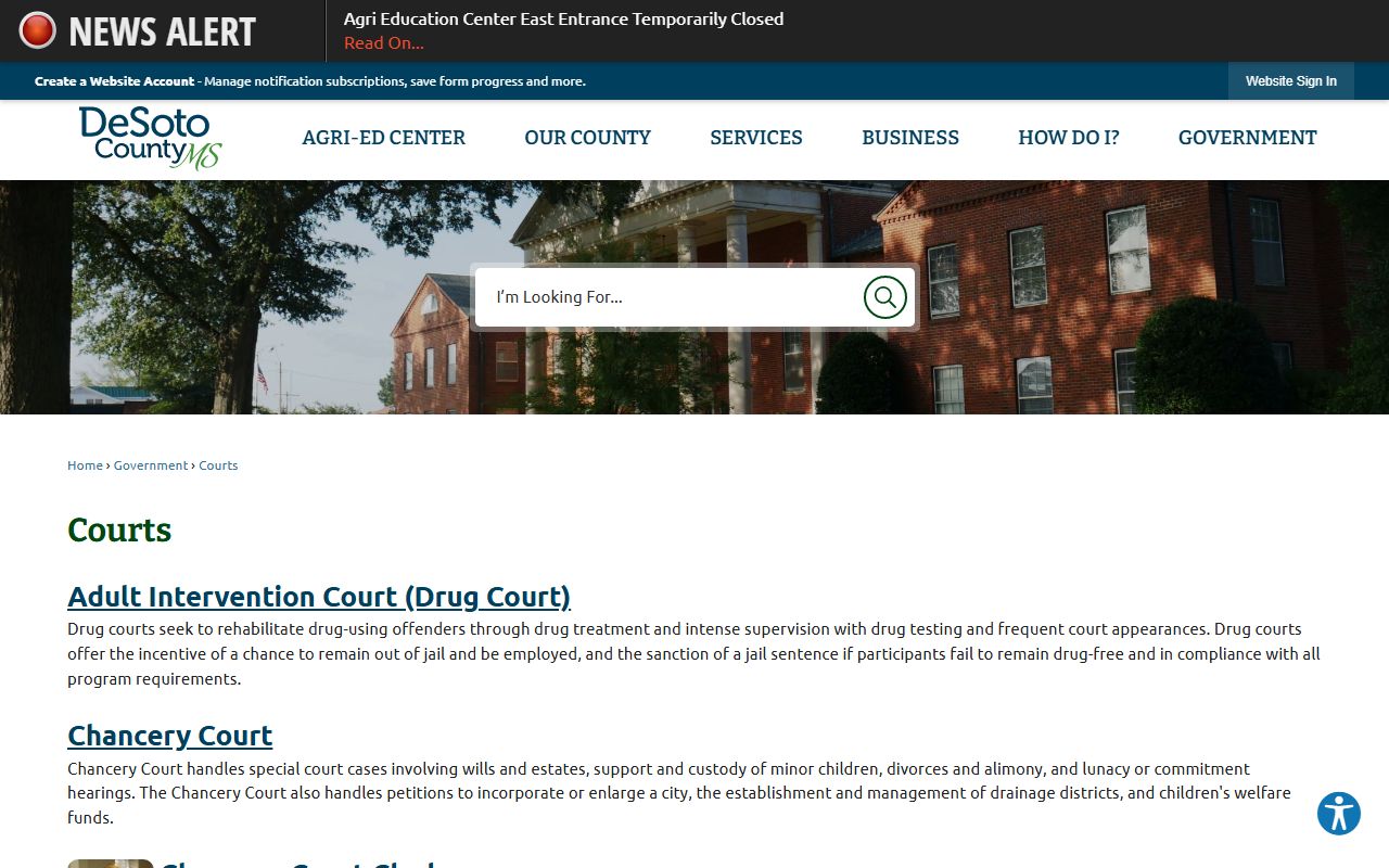 DeSoto County courts landing page outlining the local court records structure