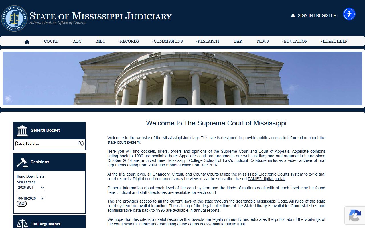 Mississippi Judiciary site linking to electronic DeSoto County court records access